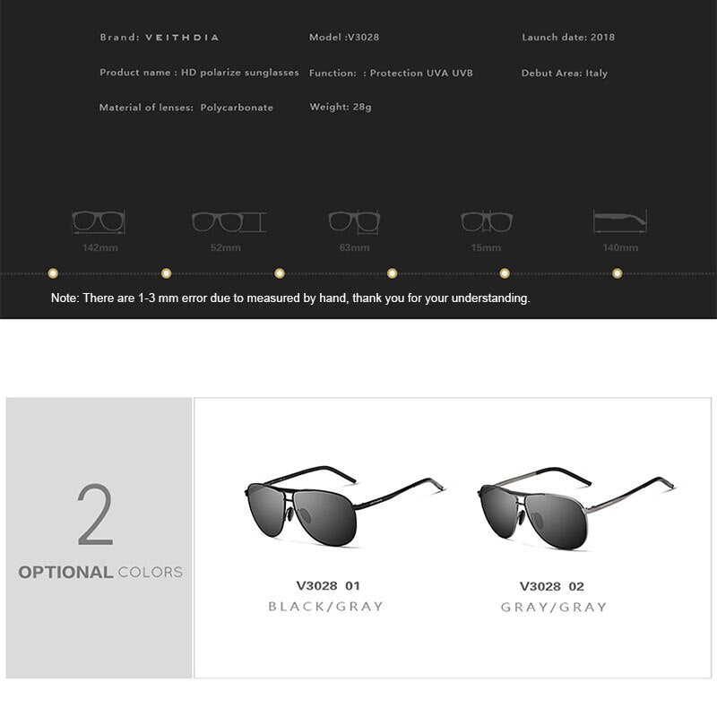 VEITHDIA Sunglasses Men Vintage Alloy Polarized UV400 Classic Brand Sports Sun Glasses Coating Lens Driving Eyewear For Men 3028 - KiwisLove