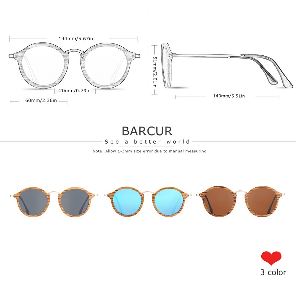 BARCUR Zebra Wood Sunglasses Handmade Round Sun Glasses Men Polarized Eyewear with Box Free - KiwisLove