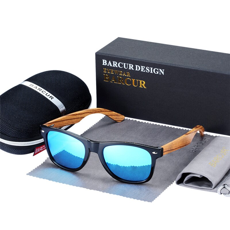 BARCUR Natural Zebra Wood Sun Glasses Polarized Sunglasses Wood Rectangle Mirror Lens Driving UV400 Men Women Eyewear - KiwisLove
