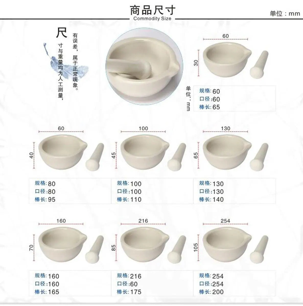 Porcelain Mortar and Pestle 60mm/80mm/90mm/100mm Mixing Grinding Bowl Set White Lab Kit Tools - KiwisLove