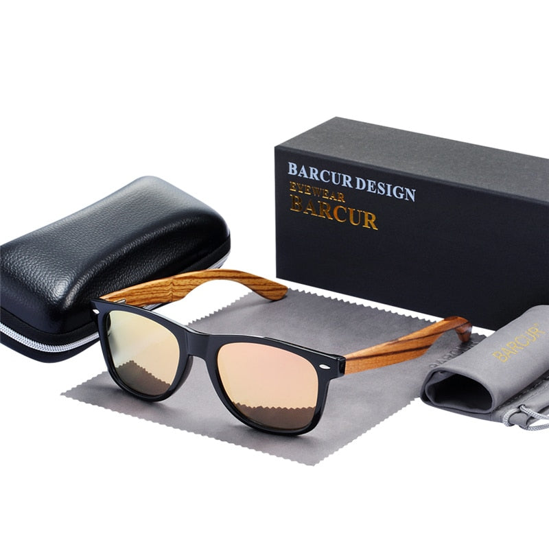 BARCUR Natural Zebra Wood Sun Glasses Polarized Sunglasses Wood Rectangle Mirror Lens Driving UV400 Men Women Eyewear - KiwisLove