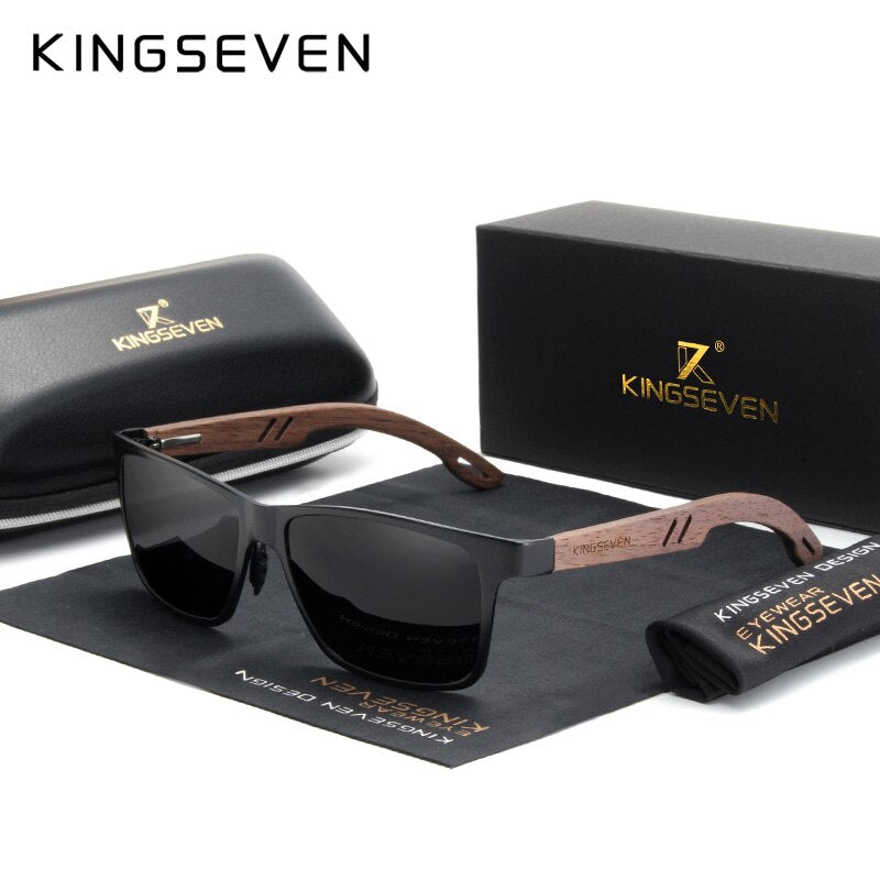 KINGSEVEN 2019 New Design Aluminum+Handmade Walnut Wooden Sunglasses Men Polarized Eyewear Accessories Sun Glasses For Women - KiwisLove