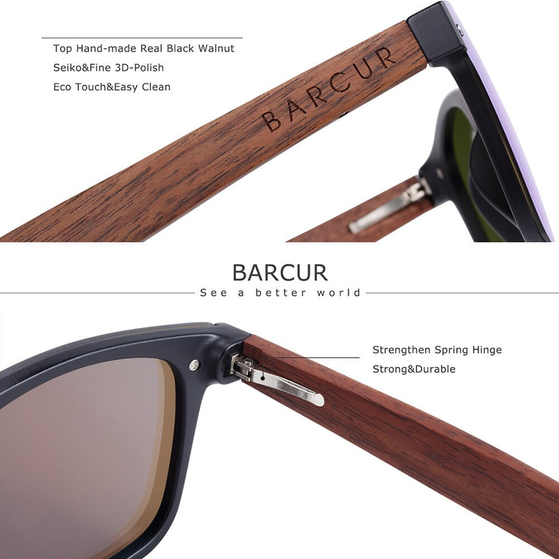BARCUR Walnut Sunglasses for Men Polarized Wood Sun Glasses UV400 Oculos De Sol Masculino Feminino - KiwisLove
