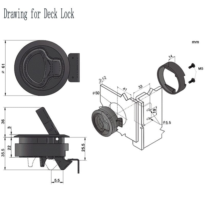 2 PCS Black Non-locking Flush Boat marine Deck Latch Flush Pull Latches Slam lift handle Deck Hatch marine hardware Plastic - KiwisLove