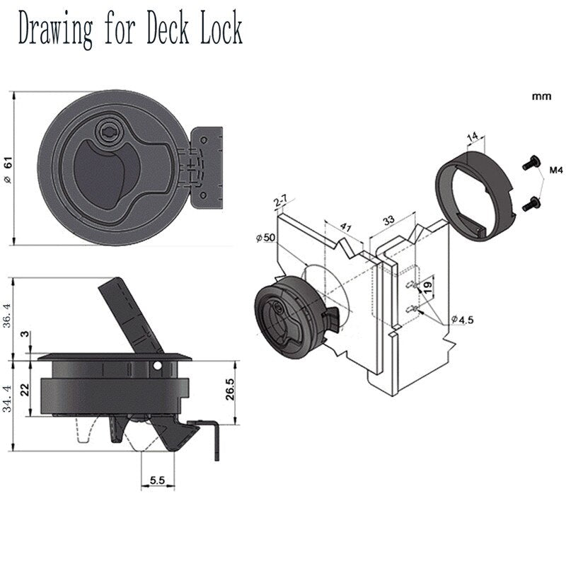 6/4/2PCS Marine Boat Round Deck Lock With Key Black Plastic Flush Pull Slam Latches Lift Ring Handle for Yacht RV Deck Hatches - KiwisLove