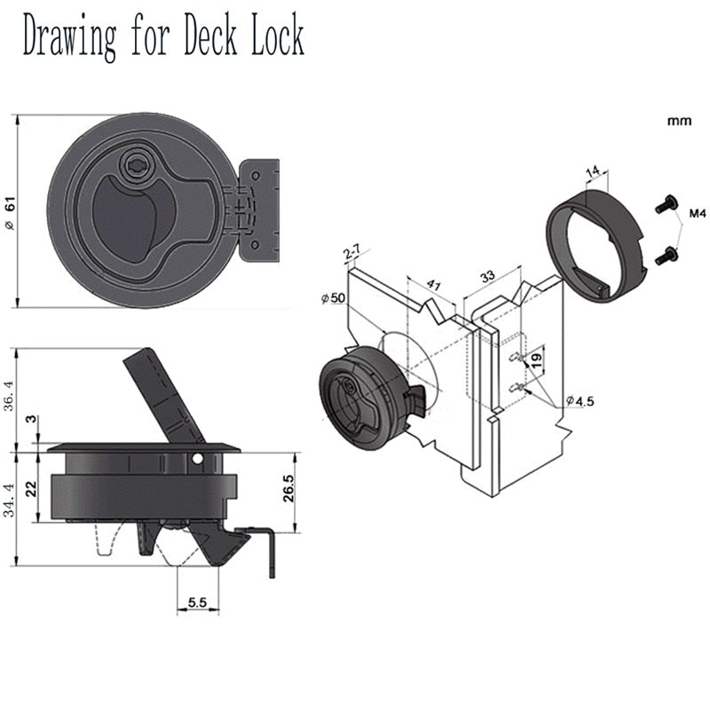2Pcs Round Plastic Locking Lift Handle Flush Pull Latches For RV Yacht Marine Boat Round Deck Hatches With keys Black - KiwisLove
