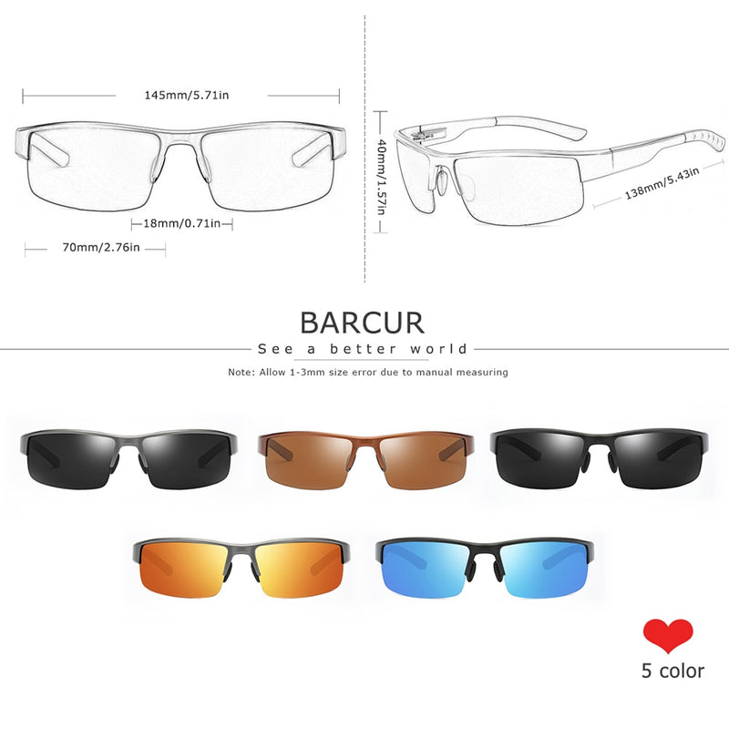 BARCUR Semi Rimless Polarized Aluminium Magnesium Sunglasses Sport Sun glasses Male Female Oculos Gafas De Sol - KiwisLove