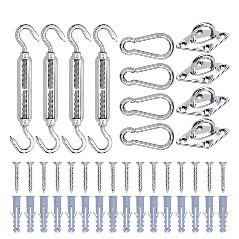 4 pcs Sun Shade Sail Canopy Fixing Accessories Stainless Steel Hardware Kit Turnbuckle Pad Eye Carabiner Clip Hook Screws Silver