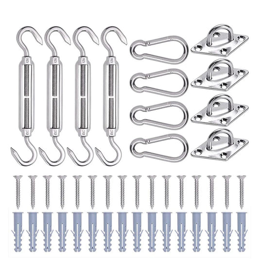 4 pcs Sun Shade Sail Canopy Fixing Accessories Stainless Steel Hardware Kit Turnbuckle Pad Eye Carabiner Clip Hook Screws Silver