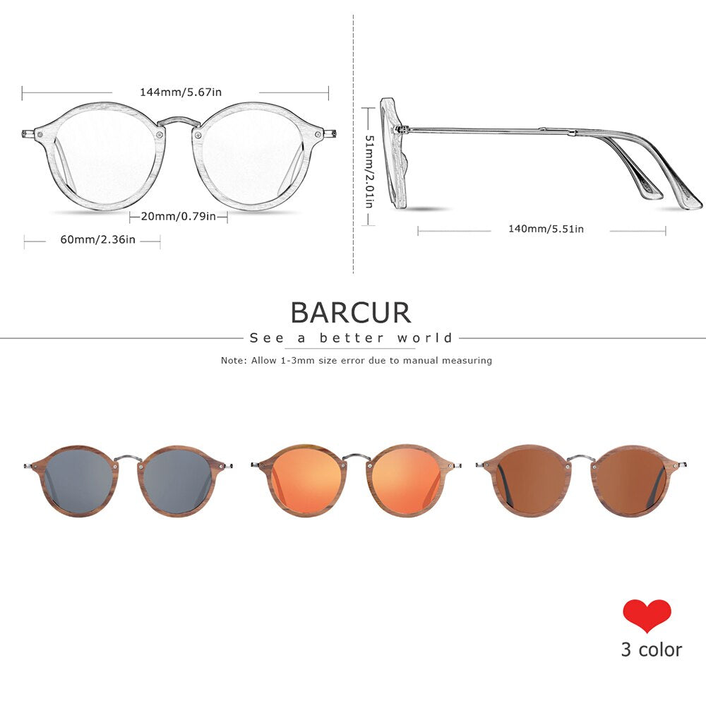 BARCUR Vintage Natural Black Walnut Sunglasses Round Polarized Wooden Sun Glasses Men Women Oculos De Sol Masculino - KiwisLove
