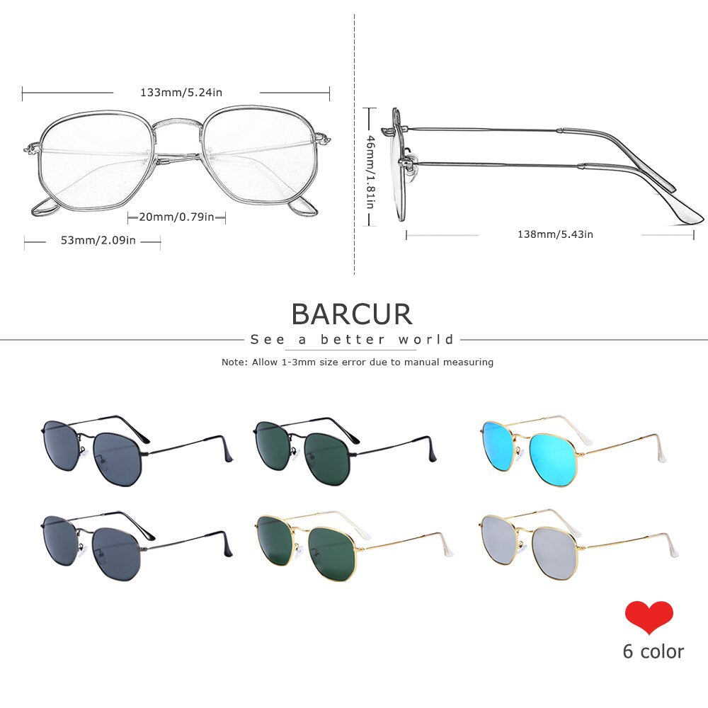 BARCUR Reflective Sunglasses Women Glass Lens Sun Glasses Men Stainless Steel Frame Eyewear Mirror Hexagon Oculos De Sol - KiwisLove