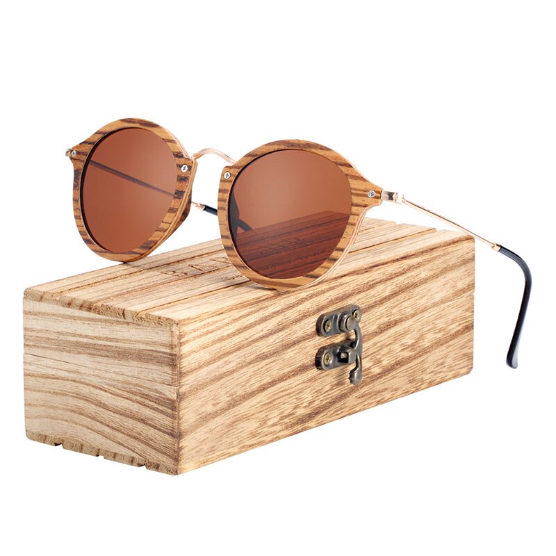 BARCUR Zebra Wood Sunglasses Handmade Round Sun Glasses Men Polarized Eyewear with Box Free - KiwisLove