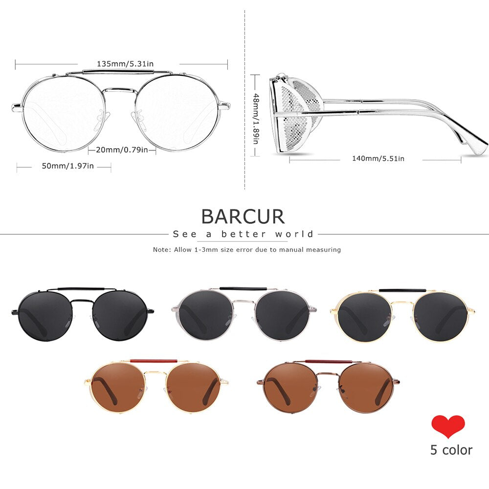 BARCUR Retro Round Polarized Steampunk Sunglasses Men Sun Glasses For Women Vintage Style UV400 - KiwisLove