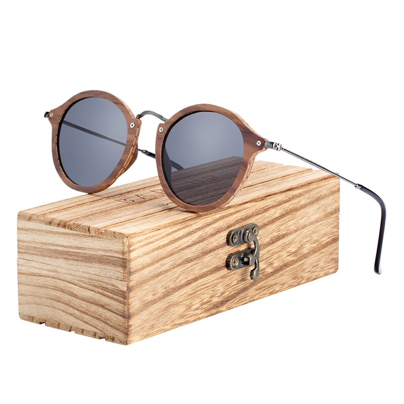 BARCUR Zebra Wood Sunglasses Handmade Round Sun Glasses Men Polarized Eyewear with Box Free - KiwisLove