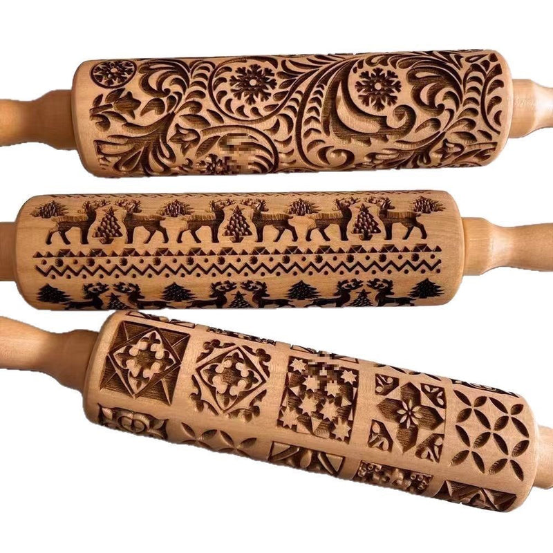 NZ Stock Christmas ELK Embossing Rolling Pin – 35×5cm Beech Wood Engraved Cookie Dough Roller