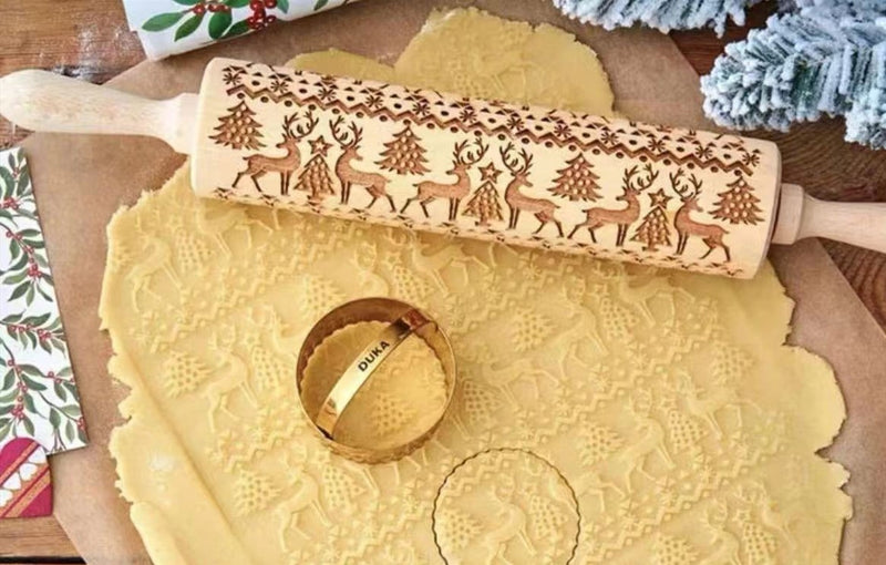 NZ Stock Christmas ELK Embossing Rolling Pin – 35×5cm Beech Wood Engraved Cookie Dough Roller