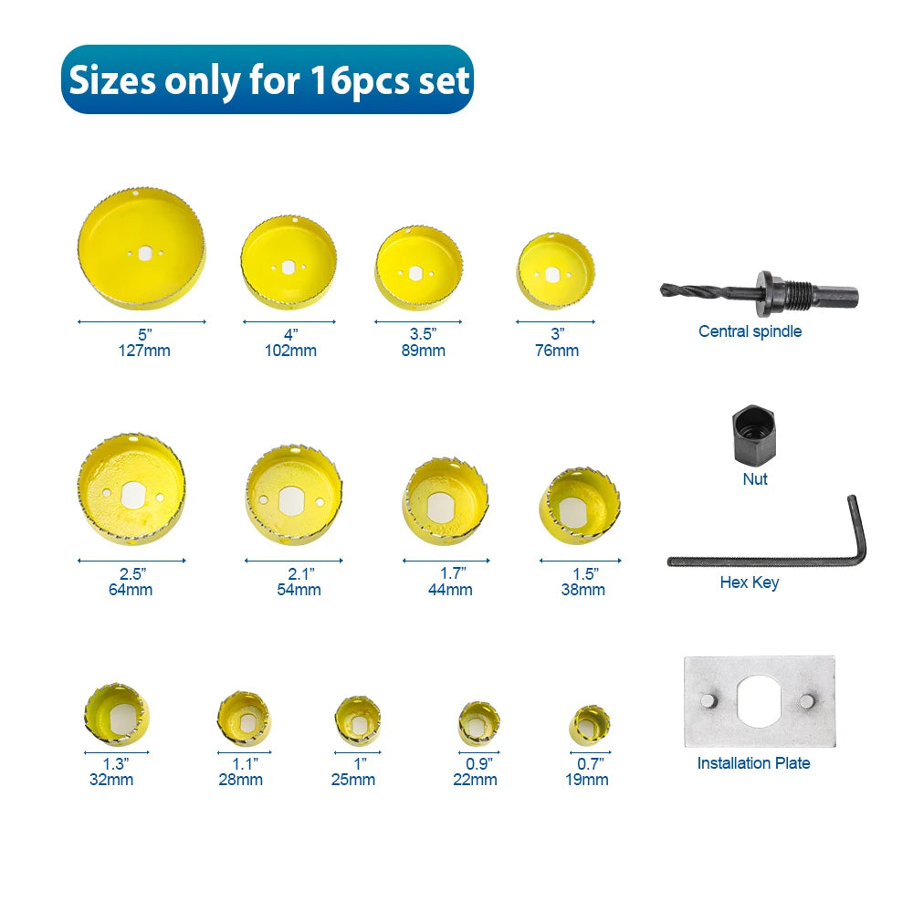 NINDEJIN 8/11/16pcs Hole Saw Kit #50 steel 19-127mm Hole Cutter Drill Bit Tool Hole Saw Set for Wood Plastic Wood Cutter - KiwisLove