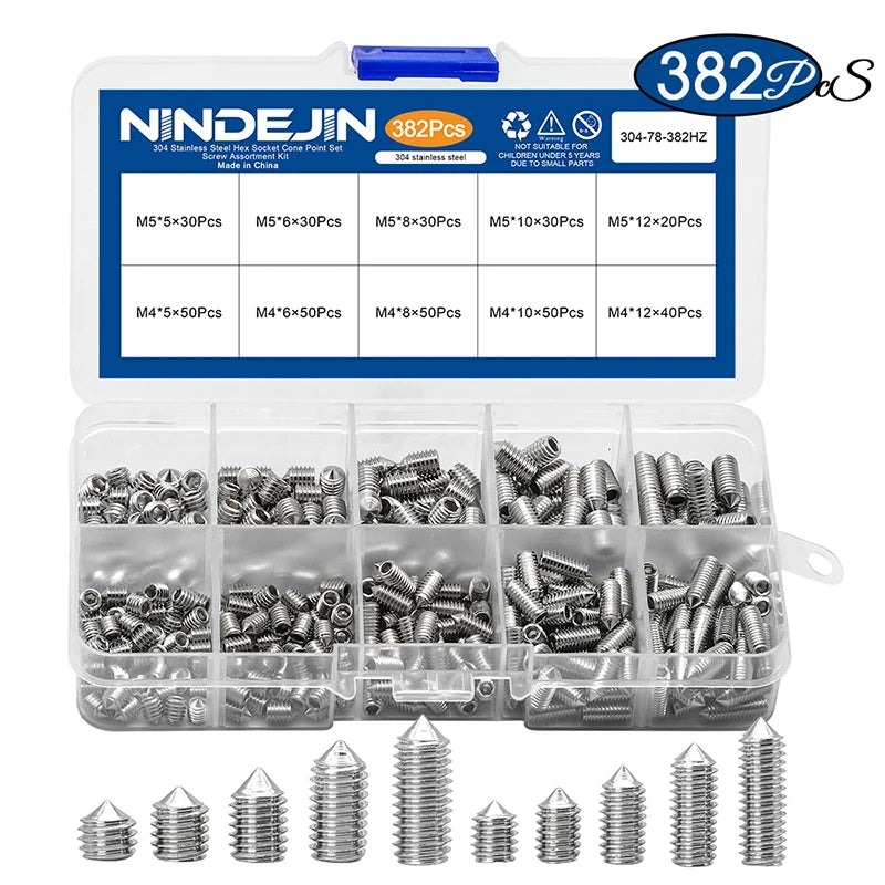 NINDEJIN Hexagon Socket Set Screw Kit Cone Point Stainless Steel Headless Grub Screw Assorment Kit M2 M2.5 M3 M4 M5 M6 M8
