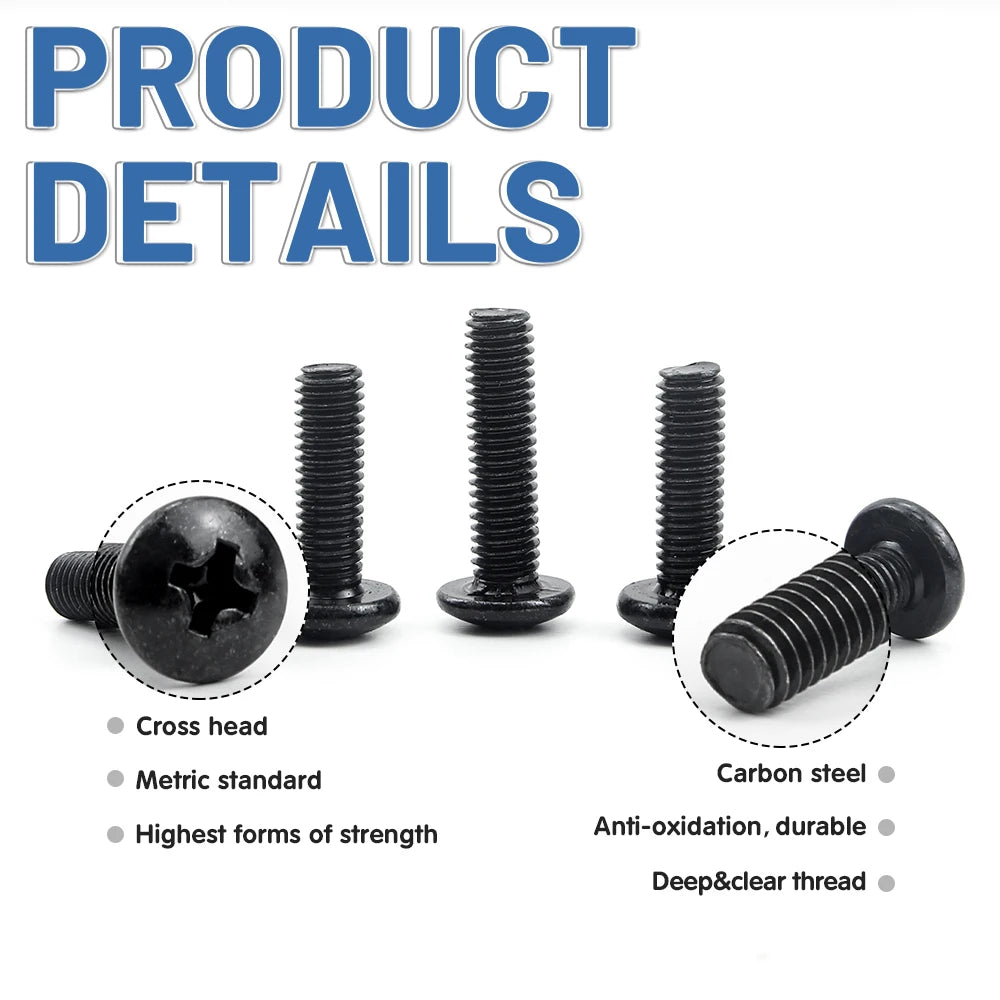 NINDEJIN 721pcs/set Cross Truss Head Screw Kit with Nut M3 M4 M5 Carbon Steel Mushroom Phillips Head Machine Screw and Nut Set