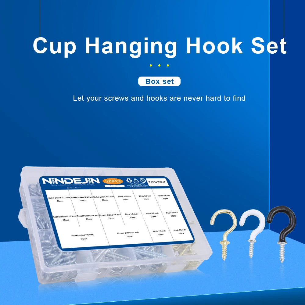 NINDEJIN 66/100/320/340pcs Screw Hook Kitchen Cup Ceiling Hook Kit Eye Screw Bend Hook Kit for Wood Wall Hanging