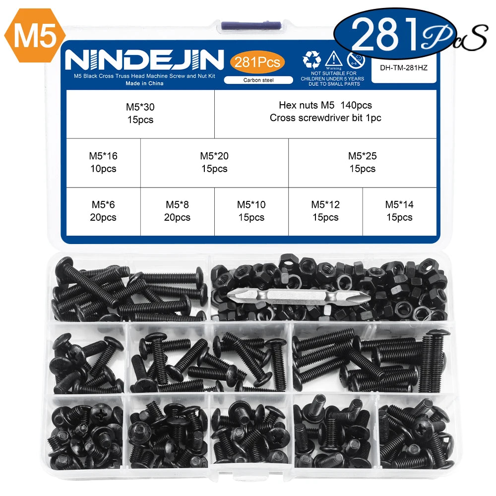 NINDEJIN Truss Head Machine Screw Kit M3 M4 M5 M6 Black Carbon Steel Mushroom Big Truss Head Phillips Machine Screw and Nut Set
