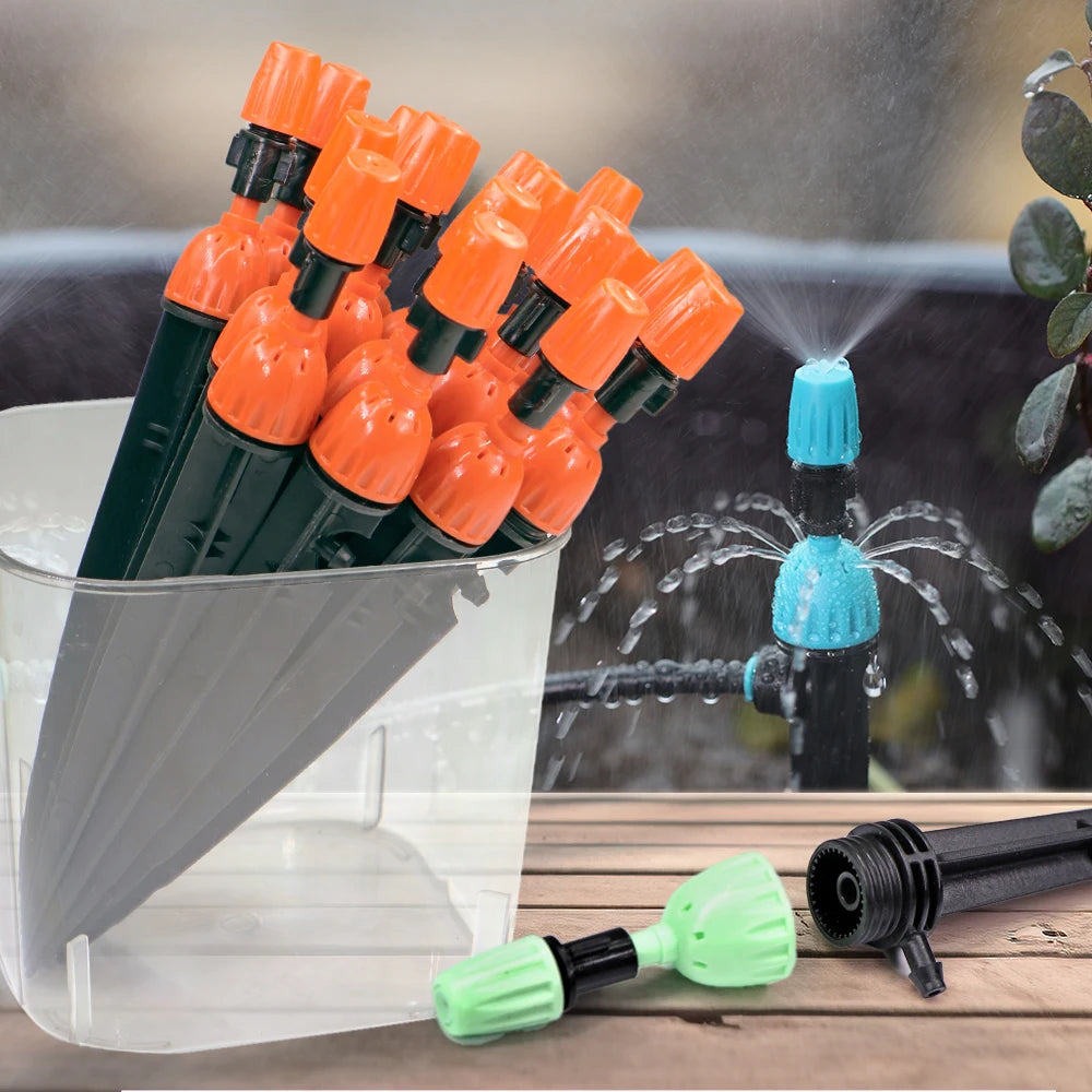 Garden 1/4" 4/7mm 2-IN-1 Drip Misting Nozzle with Stake Adjustable Water Flow Quick Insert Connect Barb Irrigation Fitting Tool
