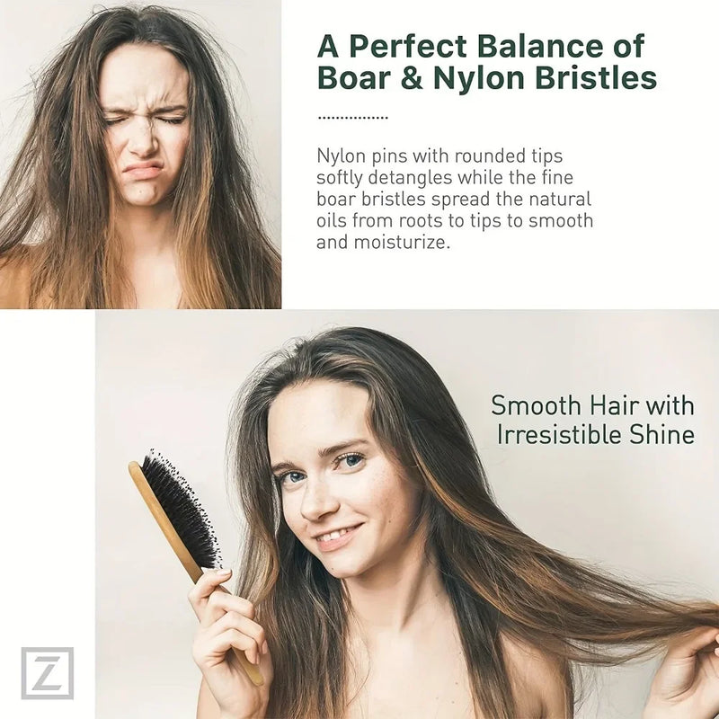 Natural Boar Bristle Hair Brush Bamboo Handle Scalp Massage Comb Anti-static Hair Comb Gasbag Detangling Hair Brush Styling Tool