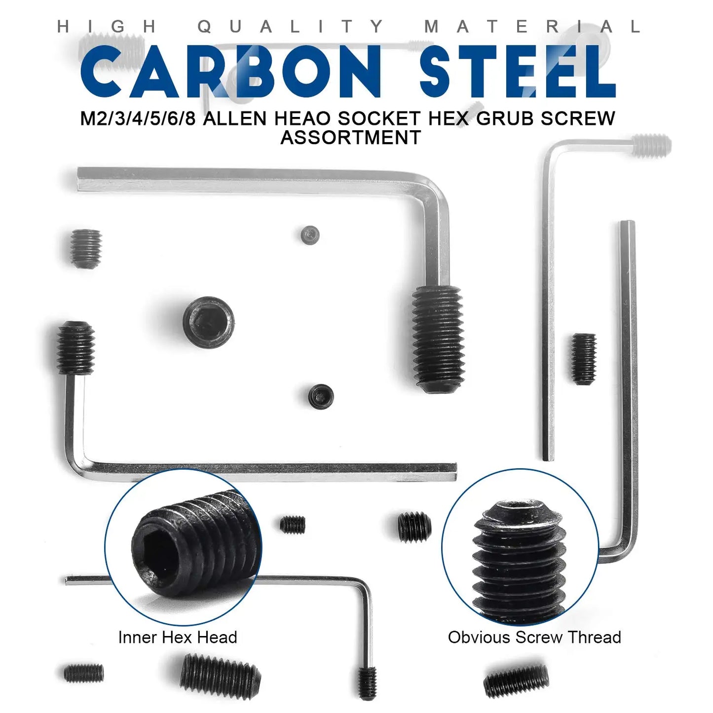 NINDEJIN 666pcs Set Screw Cup Point Grub Screw Assortment Kit M2 M3 M4 M5 M6 M8 Hex Socket Headless Screw Kit 12.9 Carbon Steel