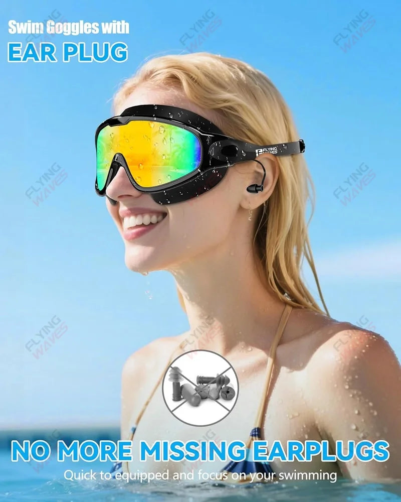 New Adult Wide View Swim Goggles Anti-Fog Anti-UV No Leak Pool Swimming Glasses with Earplugs for Men Women Youth