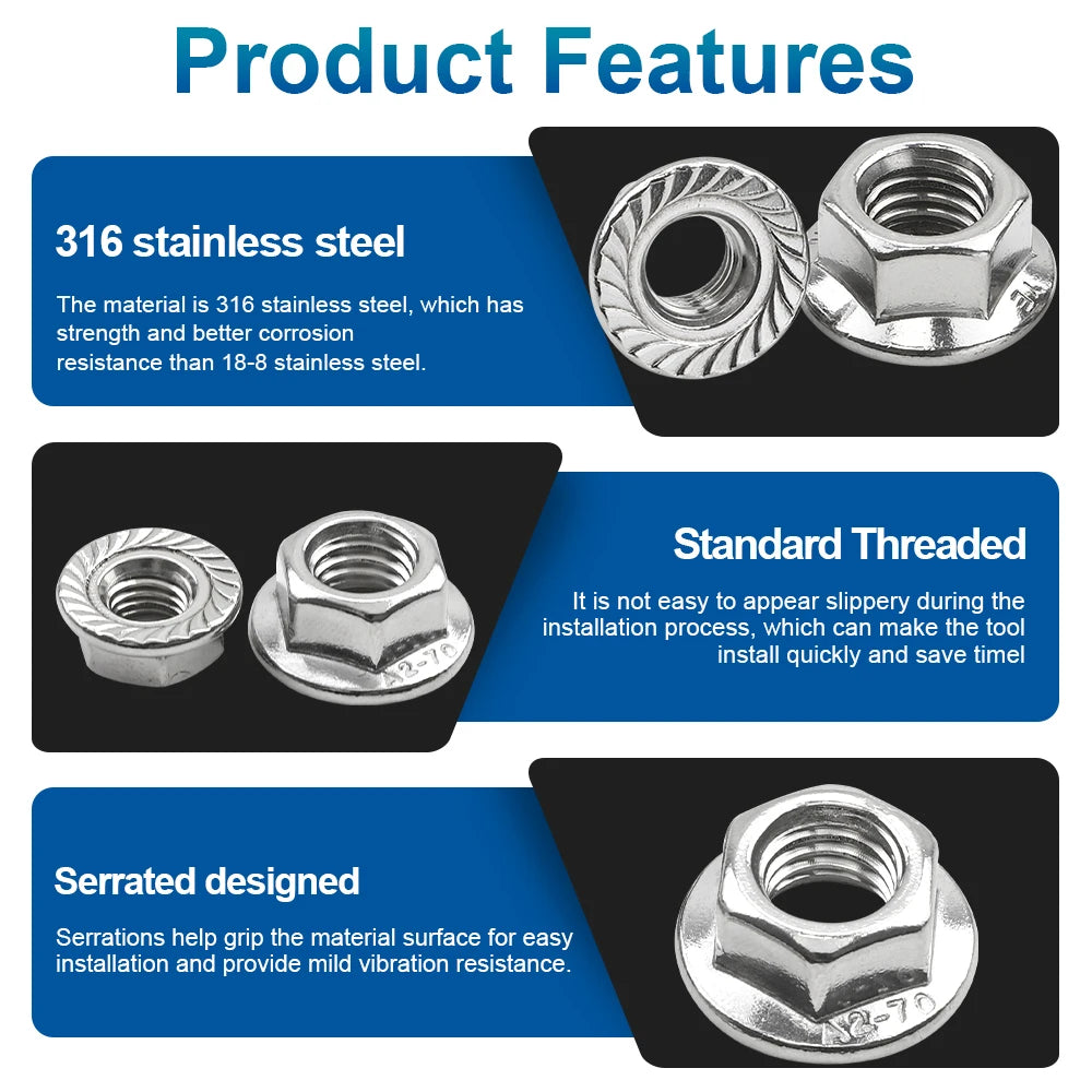 NINDEJIN  Hex Hexagon Flange Nut M4 M5 M6 M8 M10 M12 M14 316 Stainless Steel Serrated Metric Hex Flange Lock Nuts DIN6923 - KiwisLove