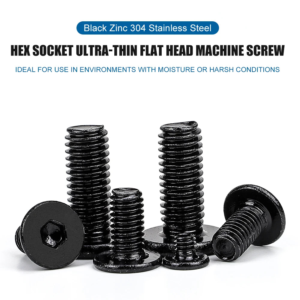 NINDEJIN Hex Socket Ultra Thin Flat Head Machine Screws Black 304 Stainless Steel M2 M2.5 M3 M4 M5 M6 M8 Allen Head Bolts