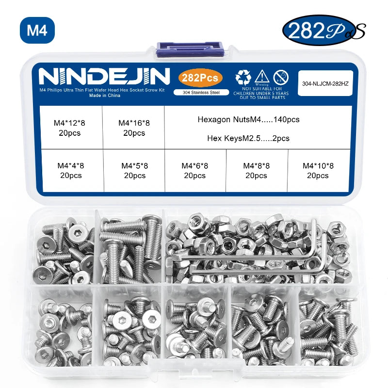 NINDEJIN Ultra Low Profile Head Screw Set M2 M2.5 M3 M4 M5 Stainless Steel Hex Socket Flat Thin Wafer Head Screws With Nuts Kit