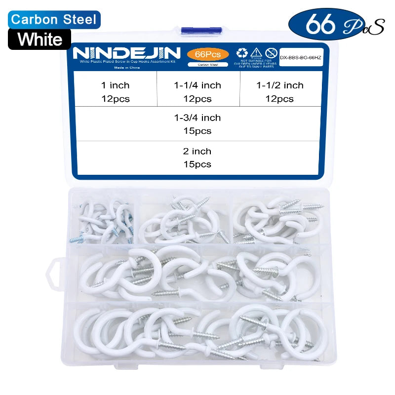 NINDEJIN 66/100/320/340pcs Screw Hook Kitchen Cup Ceiling Hook Kit Eye Screw Bend Hook Kit for Wood Wall Hanging