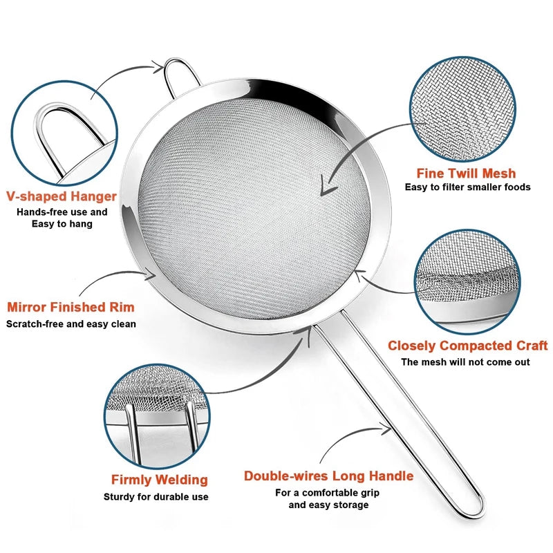 Fine Mesh Stainless Steel Strainer Sieve Juice Egg Filter Colanders Coffee Tea Vegtables Filtering Food Kitchen Accessories