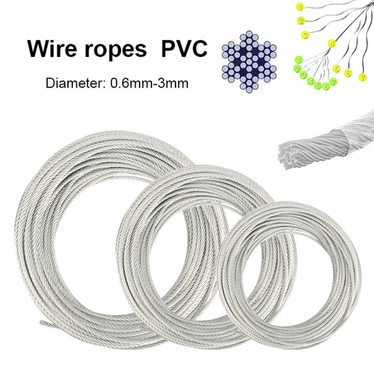 0.6-3mm Plastic Coated Stainlesss Steel Wire Rope 5/10m 7x7Strand Rubberized Rope for Grape Vine Trellis Balcony Climbing Plants