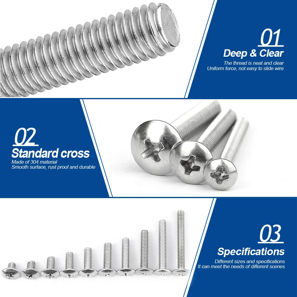 NINDEJIN Cross Truss Head Phillips Machine Screws M2 M3 M4 M5 M6 M8 Mushroom Big Flat Head Screw Stainless Steel Philips Screw