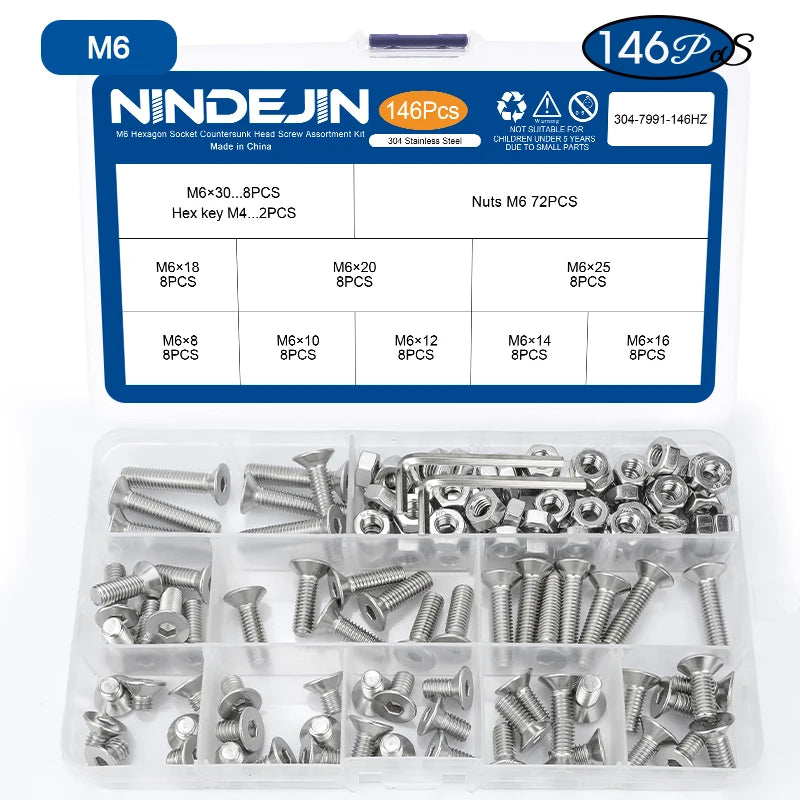 NINDEJIN Hex Hexagon Socket countersunk head screw kit m2 m2.5 m3 m4 m5 m6 stainless steel flat head bolt and nut screw set