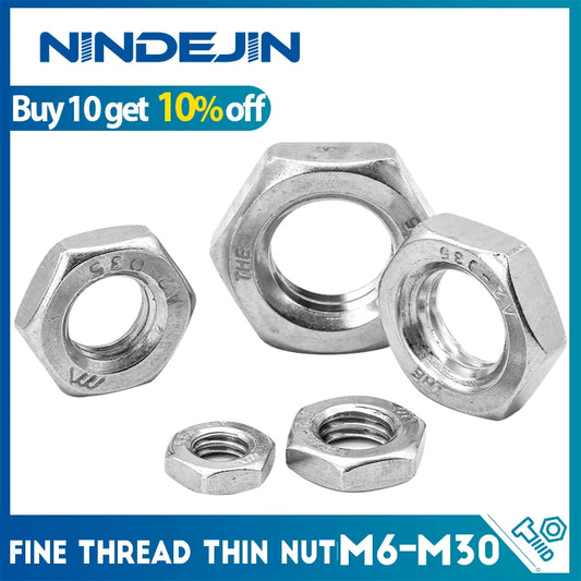 NINDEJIN 1-20pcs Hexagon Thin Nut Fine Thread Fine Nut 304 Stainless Steel M6 M8 M10 M12 M14 M16 M18 M20 Bolt Screw Hexagon Nut