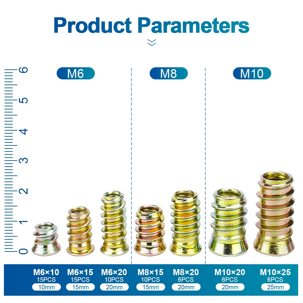 NINDEJIN 63pcs Wood Insert Nuts M6 M8 M10 Hexagon Wood Threaded Inserts Galvanized Carbon Steel Furniture Screw in Nut Connector