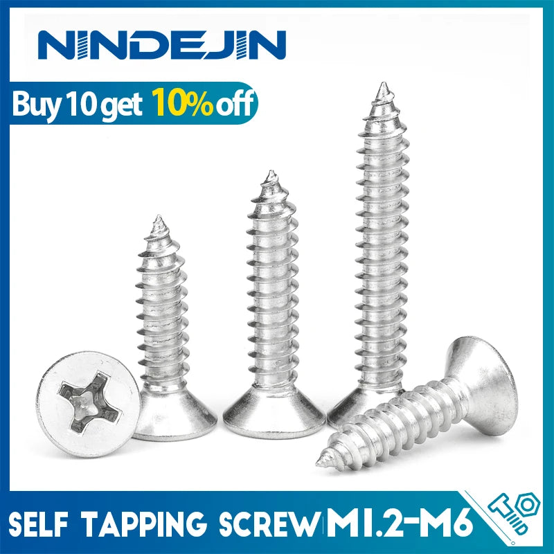 10-50pcs/pack M1.2 M1.4 M1.7 M2 M2.6 Small Screws Stainless Steel M3 M4 M5 M6 Cross Flat Head Self Tapping CSK Furniture Screw