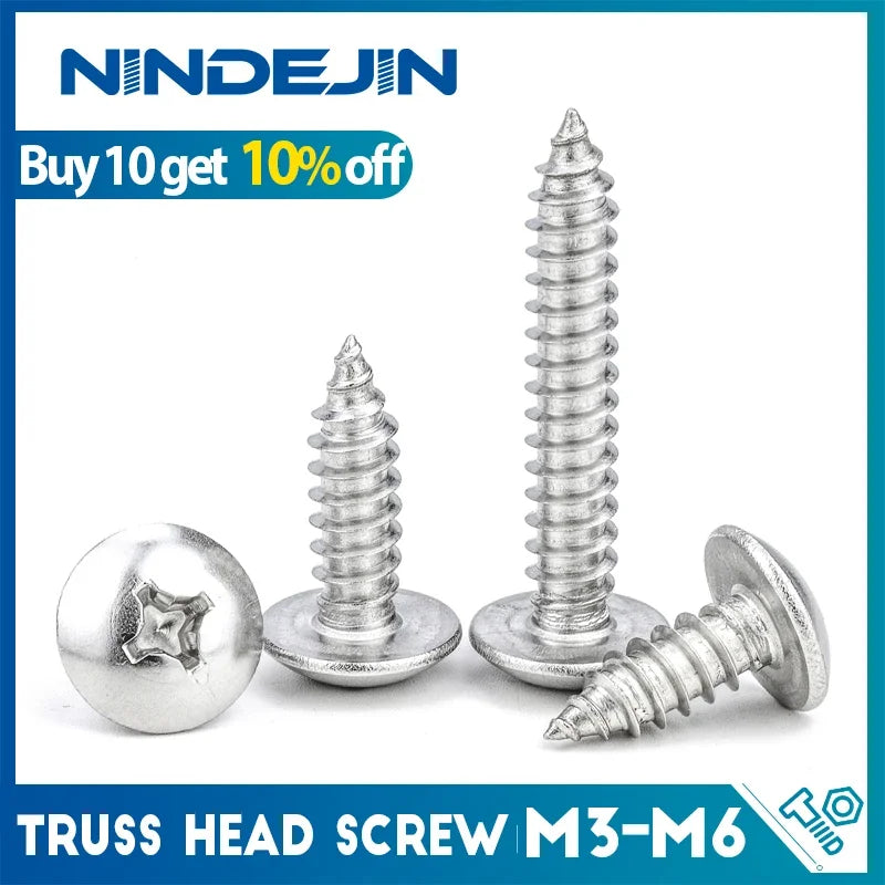 NINDEJIN Cross Truss Head Self Tapping Screws M2.6 M3 M3.5 M4 M5 M6 Nickel Plated Phillips Mushroom Head Tapping Wood Screw