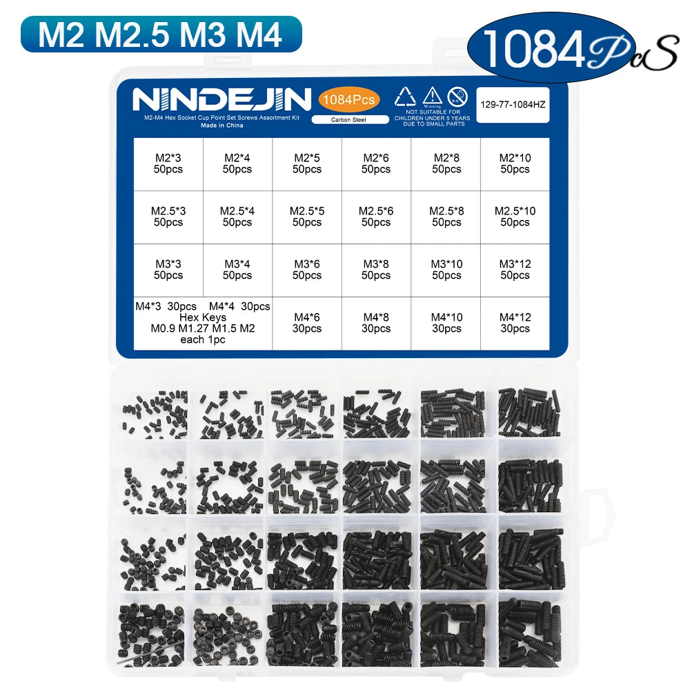 NINDEJIN Hex Socket Cup Point Set Screw M2 M2.5 M3 M4 M5 M6 M8 12.9 Carbon Steel Headless Allen Head Grub Screw Assortment Kit