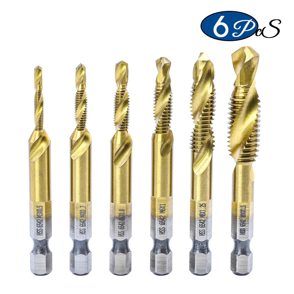 NINDEJIN 6pcs/set metric thread tap drill bits set m3 m4 m5 m6 m8 m10 hex shank hss 6542 screw tap drill bits set for metal wood - KiwisLove