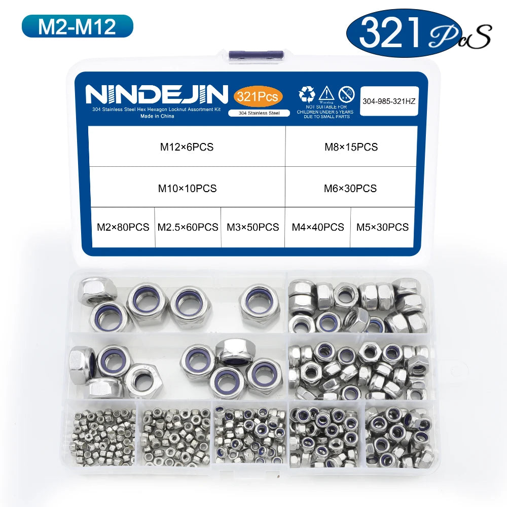 NINDEJIN Nylon Lock Nut Set Black Zinc Plated Carbon Steel M2-M12 Hexagon Locknut Self Locking Nut Assortment Kit DIN985