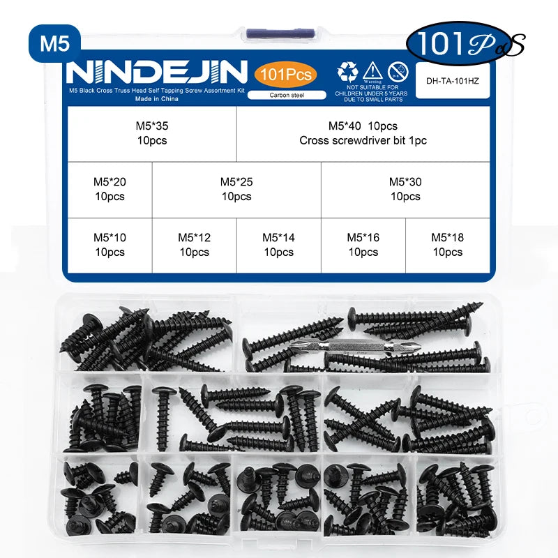NINDEJIN Cross Truss Head Self Tapping Screw Set M3 M3.5 M4 M5 Black Plated Phillips Mushroom Head Machine Screw Assortment Kit