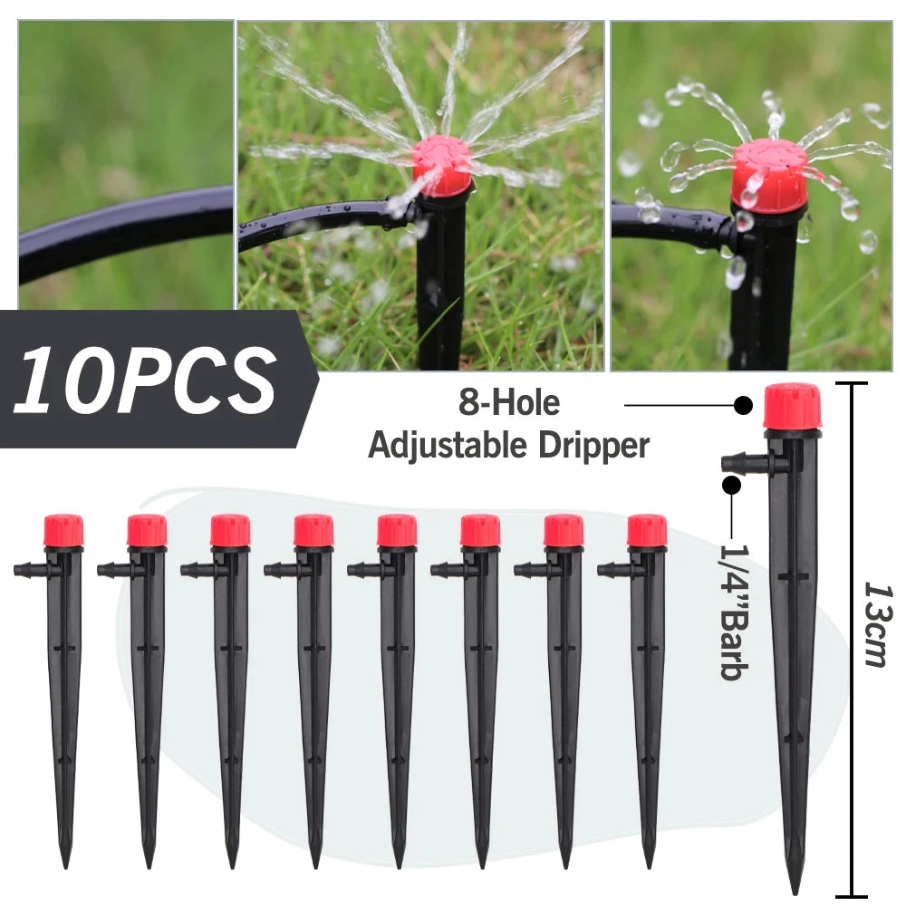 1/4'' Drip Irrigation System Hose Kit Adjustable 13CM Sprinkler Kit for Garden Flowers Greenhouse Vegetable Indoor Pots System