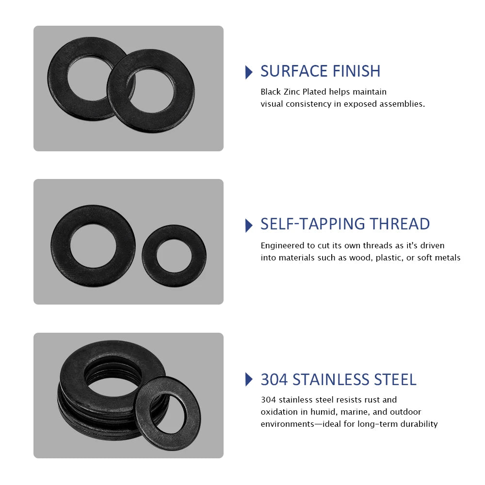 NINDEJIN Black 304 Stainless Steel Flat Washers M1.6 M2 M2.5 M3 M4 M5 M6 M8 M10 Plain Washers Gasket Ring GB98 - KiwisLove