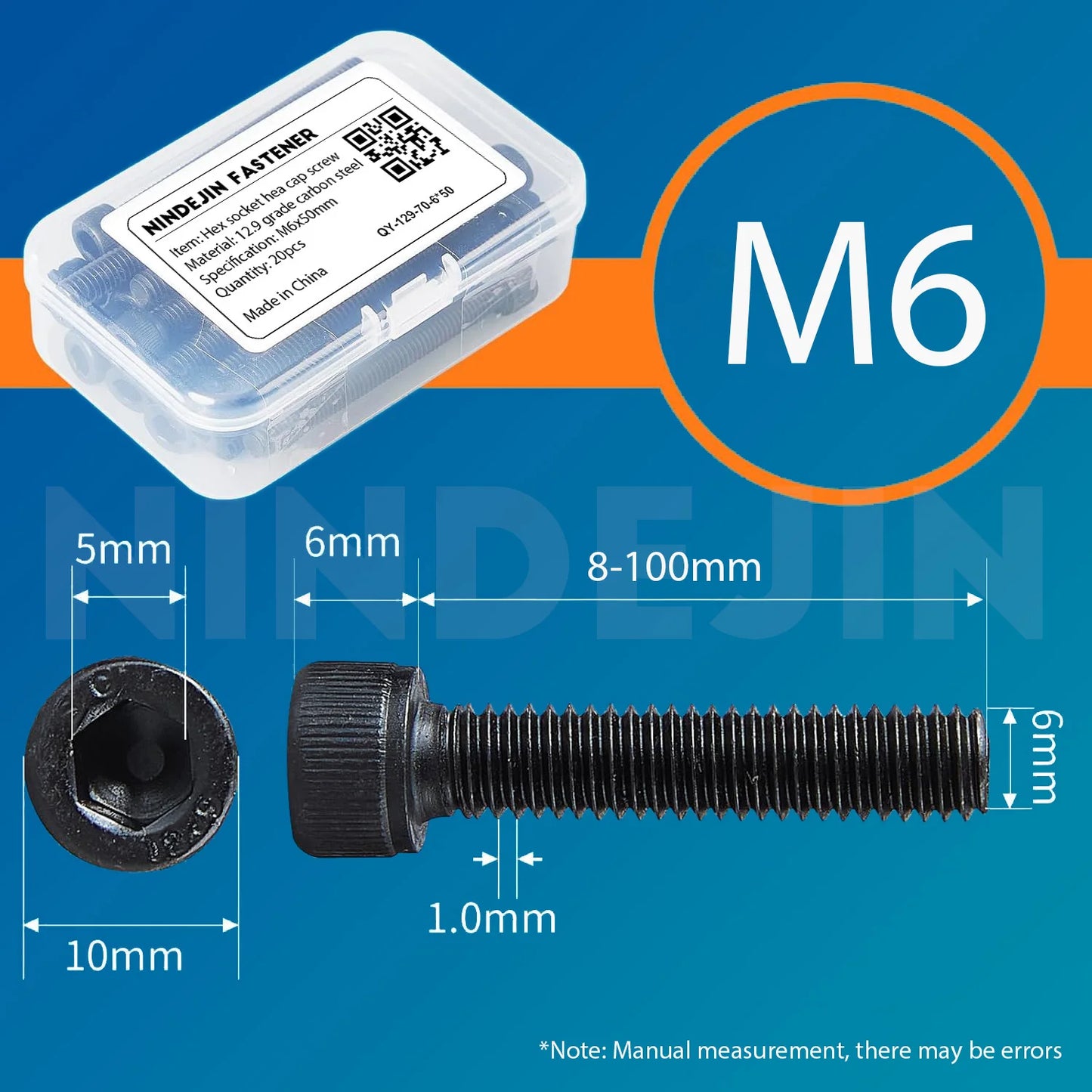 10-50pcs Hexagon Socket Head Cap Screws Bolts 12.9 Grade Carbon Steel M6x8mm,10mm,20mm,30mm,50mm,60mm,100mm Allen Cap Screws