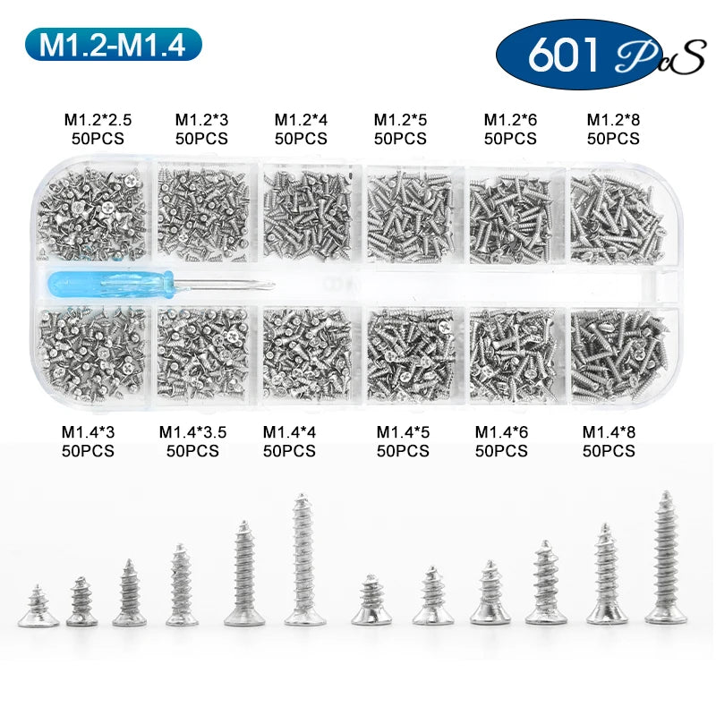 NINDEJIN 601pcs Electronic Screw Kit Nickel Plated Flat Round Head Mini Micro Screw Set Phone Glasses Tapping Screw Kit M1-M1.7
