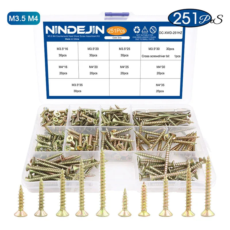 NINDEJIN Wood Screw Kit M3.5 M4 Cross Recessed Fiberboard Screw Zinc Plated Flat Phillips Head Self Tapping Screw for Chipboard